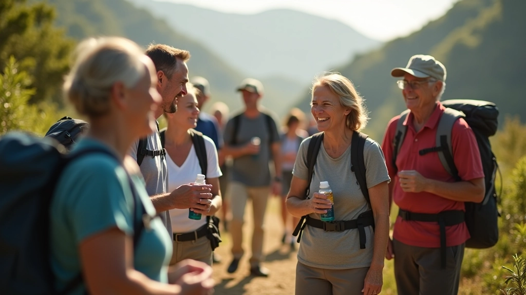 Grupo diverso de adultos mayores reunidos en el punto de partida, sonriendo y listos para comenzar la caminata
