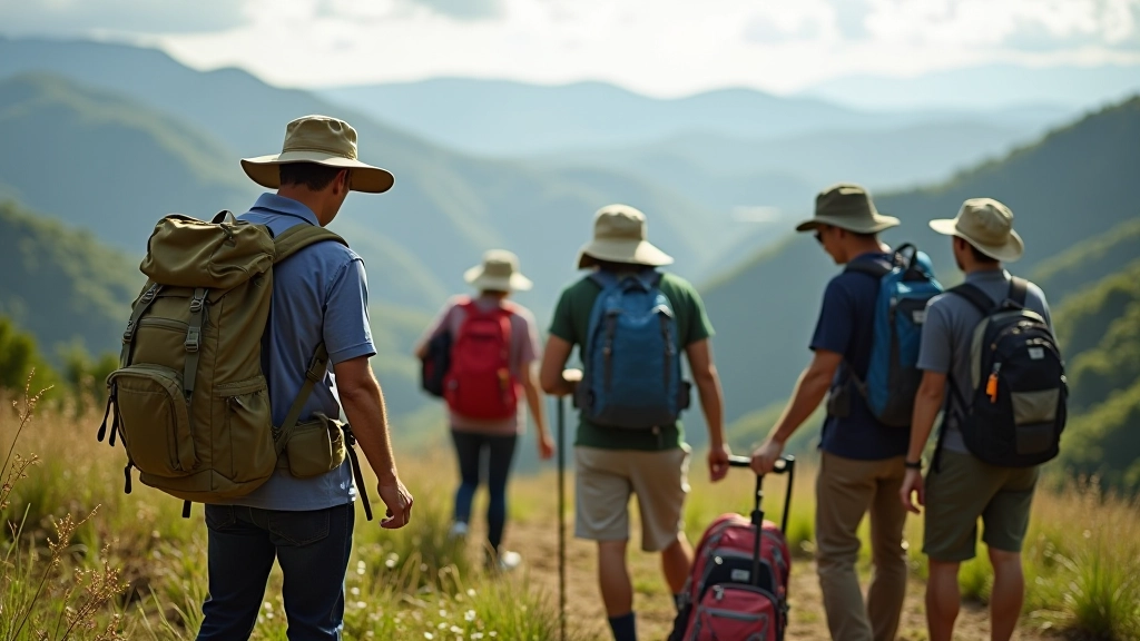 Grupo de caminantes preparándose con mochilas y equipo apropiado para la excursión