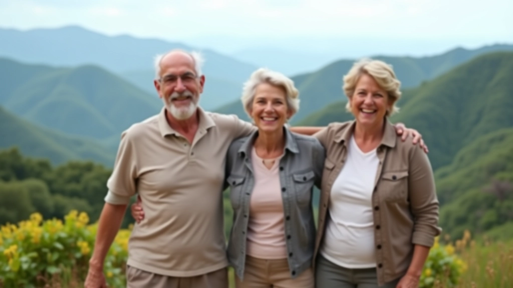 Caminantes disfrutando de la vista en un mirador con sonrisas y brazos abiertos celebrando