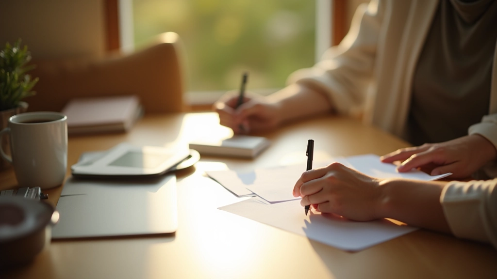 Manos escribiendo en un formulario en un escritorio bien iluminado con pluma y café
