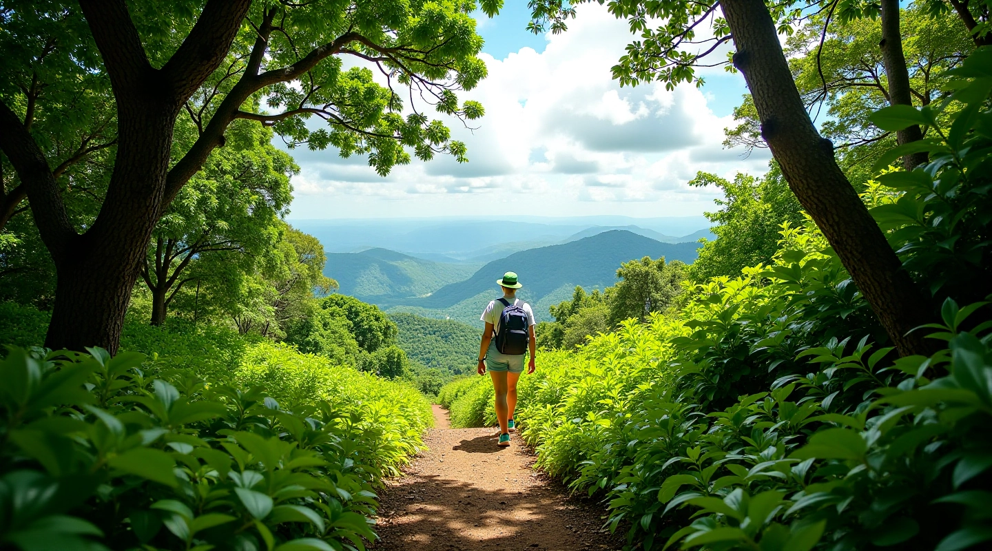 Sendero arbolado en las montañas de Caguas con vista al valle