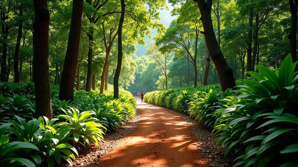 Sendero de tierra roja entre árboles altos con luz filtrada a través del dosel forestal