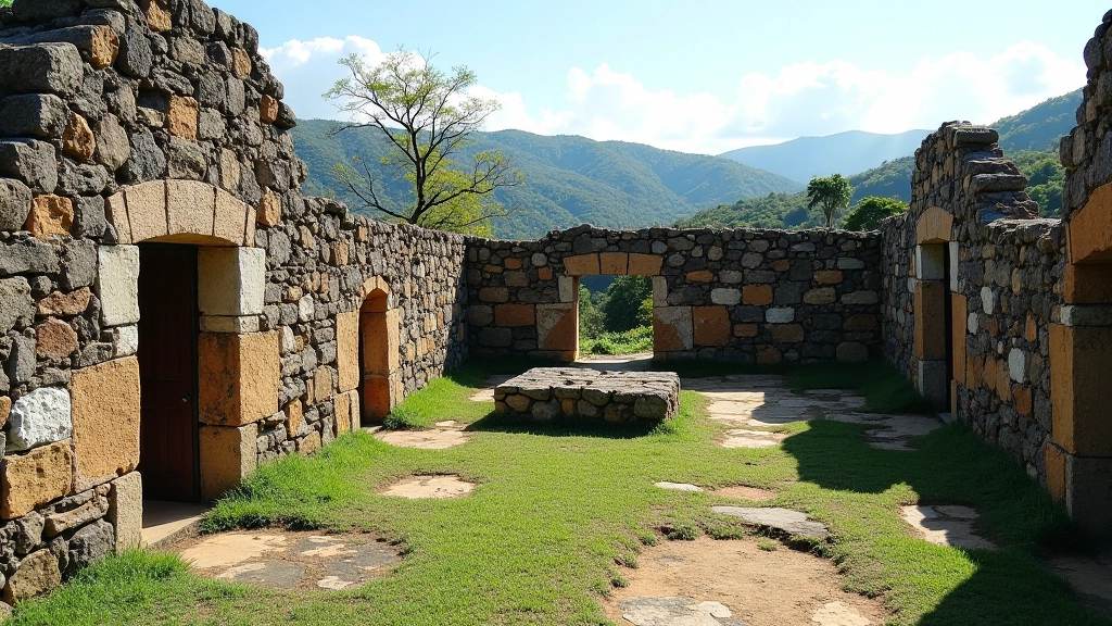Ruinas de hacienda colonial con paredes parcialmente intactas, puertas y ventanas visibles en la arquitectura antigua