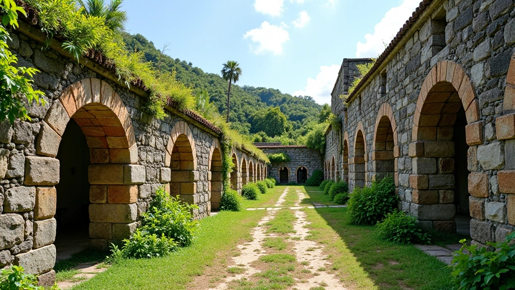 Ruinas de estructura colonial de piedra con arcos erosionados y vegetación circundante