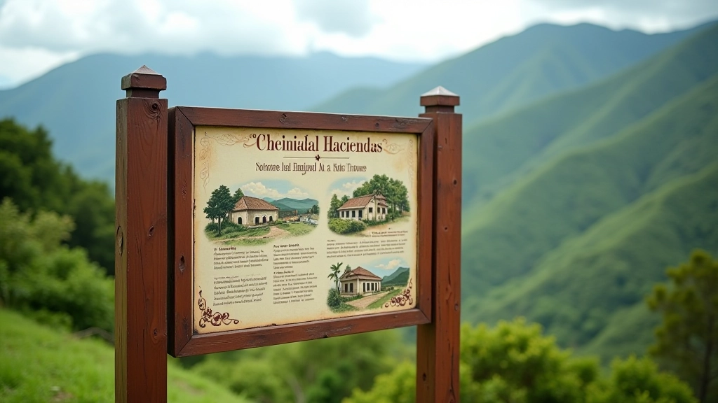 Panel informativo histórico sobre haciendas coloniales, texto claramente legible, montaña verde al fondo
