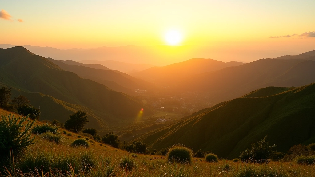 Vista panorámica del Valle de Caguas desde un mirador elevado al amanecer, con colores cálidos en el cielo