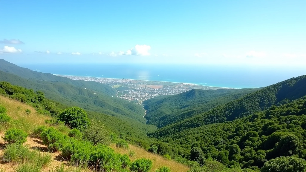 Vista panorámica del Valle de Caguas desde punto elevado, pueblos distantes, montañas de fondo bajo cielo despejado