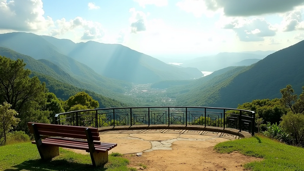 Mirador del Valle de Caguas con bancos de descanso y paisaje urbano al fondo