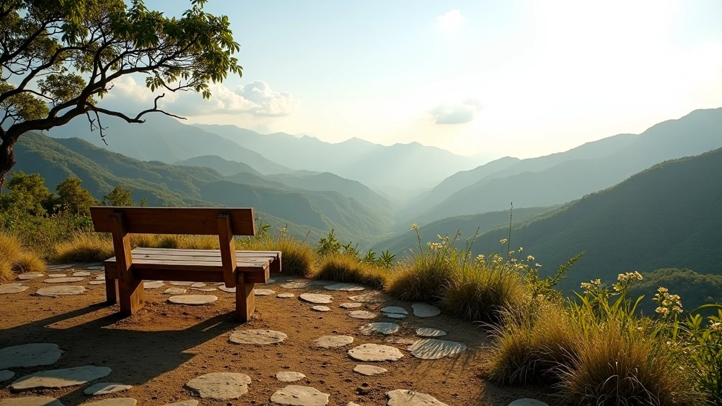 Área de descanso en el mirador intermedio con bancos y vista panorámica del valle