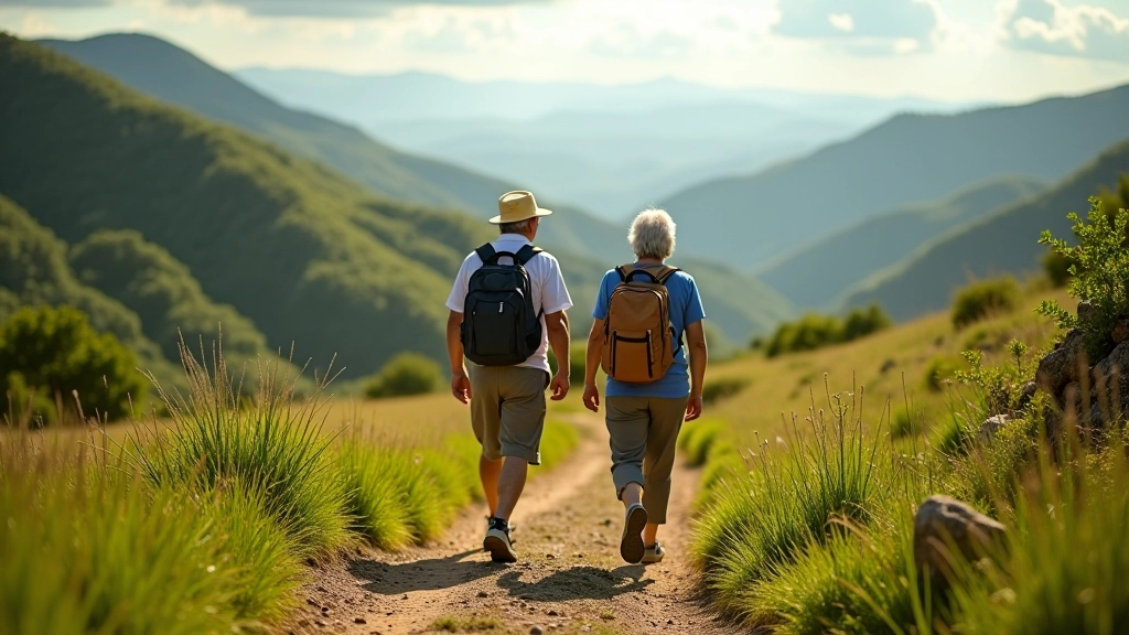 Pareja de adultos mayores caminando en ruta de hacienda