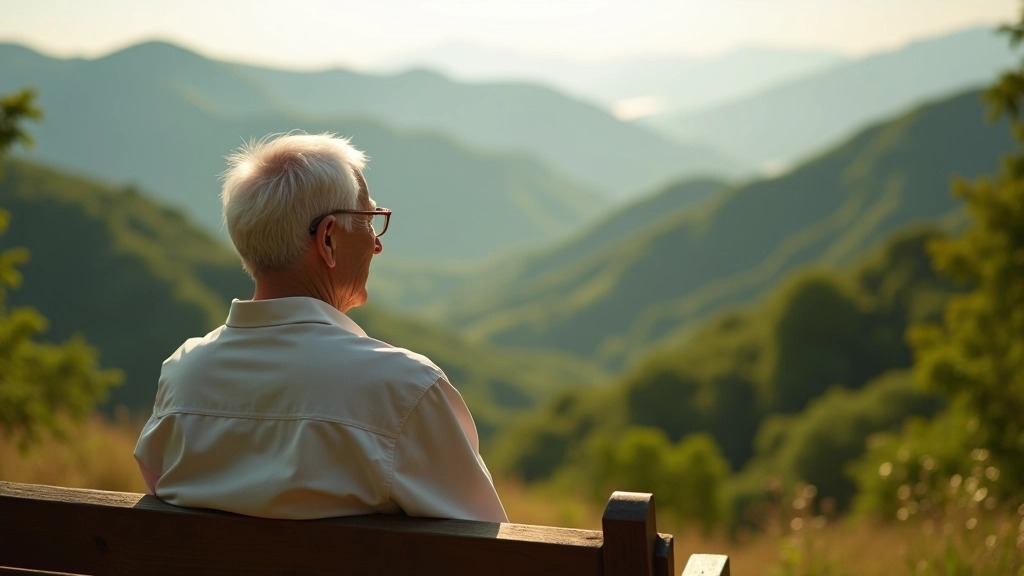 Grupo de adultos mayores descansando en una parada con vista panorámica del valle verde
