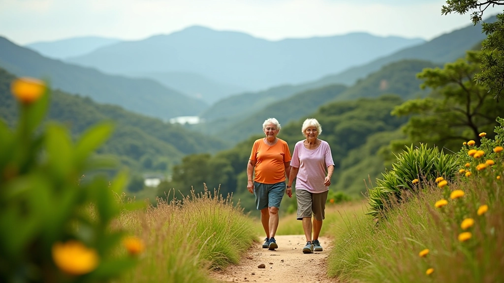 Personas mayores disfrutando de una caminata en un sendero seguro en las montañas